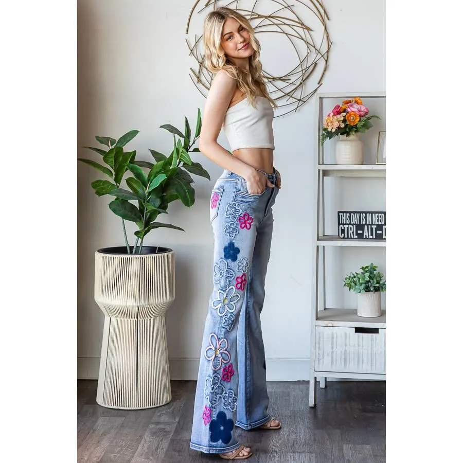 Denim Pink Combo Washed Flower Embroidery Denim Oli Hali Pants