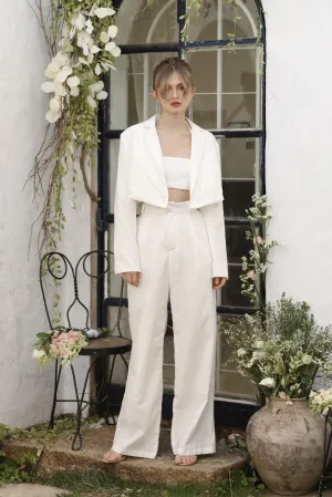 Discounted! GIUSTINA 3 PIECE SET Crop Blazer with Crop Bandeau and Pleated Trouser (White Linen)