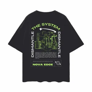 Dismantle the System Graphic T-Shirt Protest on back of Black Oversize Deep Drop Shoulder Tee