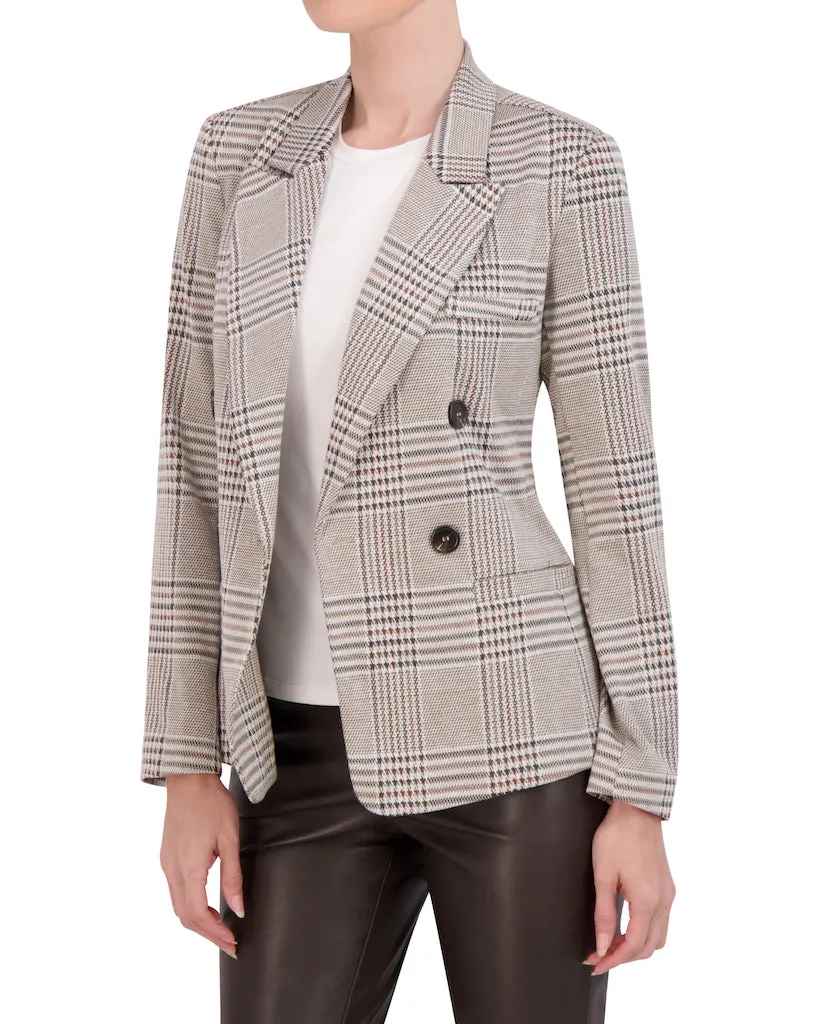 Double Breasted Plaid Knit Unlined Blazer