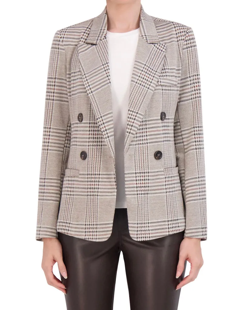 Double Breasted Plaid Knit Unlined Blazer