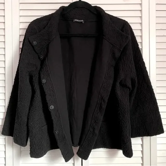 Eileen Fisher Textured Snap Front 3/4 Sleeves Black Jacket Blazer