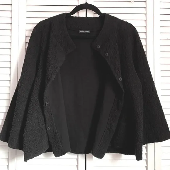 Eileen Fisher Textured Snap Front 3/4 Sleeves Black Jacket Blazer
