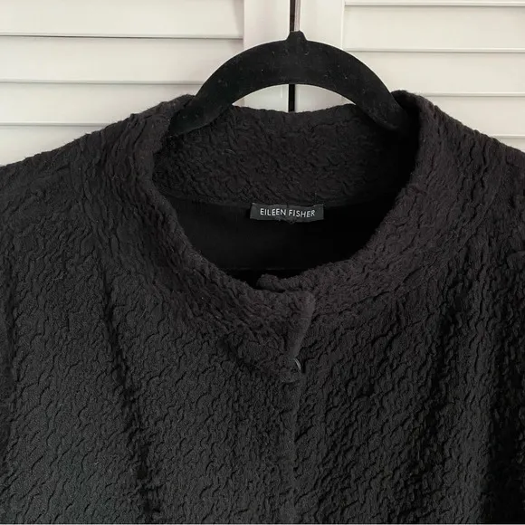 Eileen Fisher Textured Snap Front 3/4 Sleeves Black Jacket Blazer