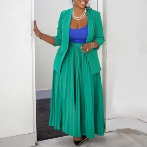Elegant Pleated Maxi Skirt and Tailored Blazer Two-Piece Set