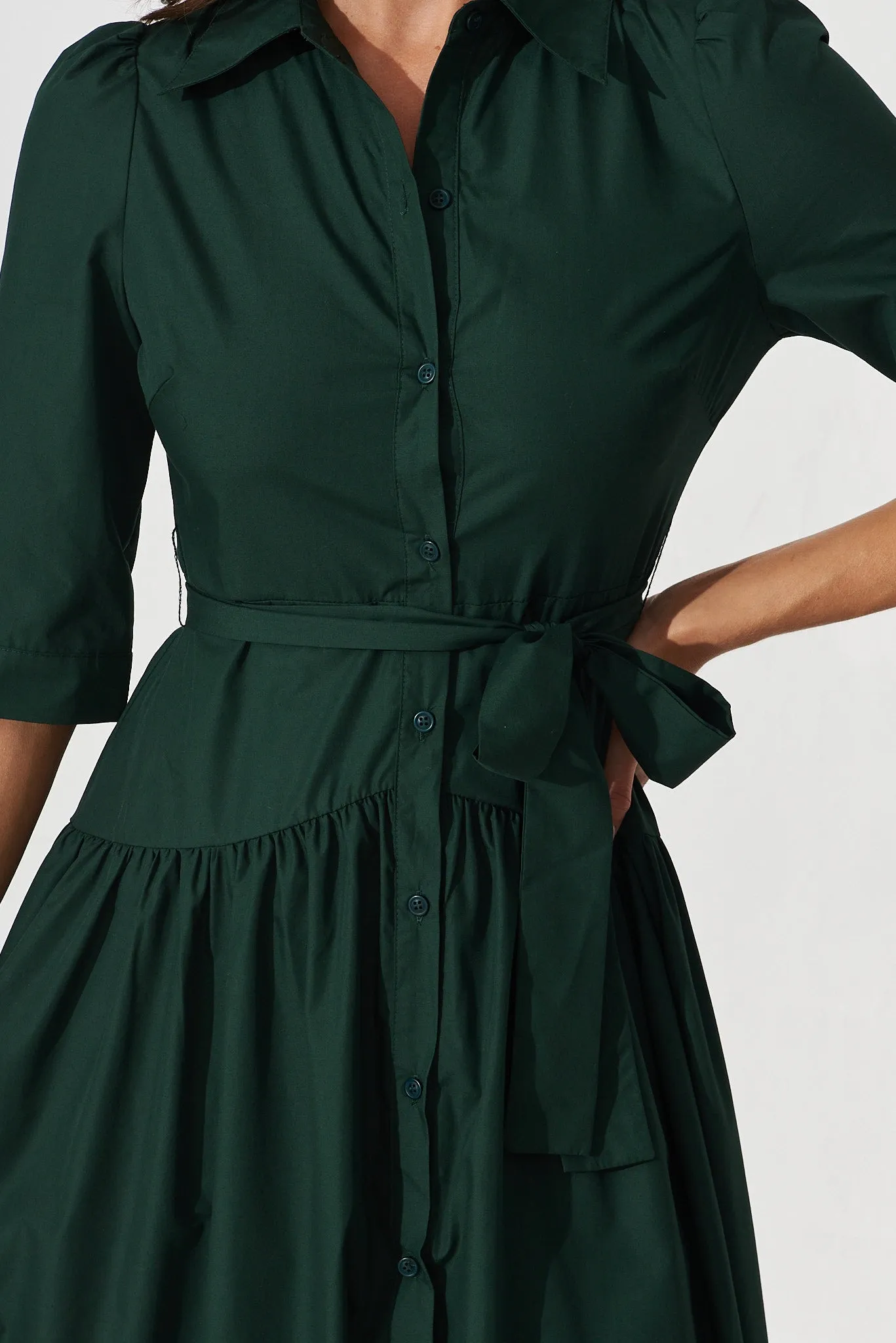 Emerald Cotton Shirt Dress - Marie Midi Style