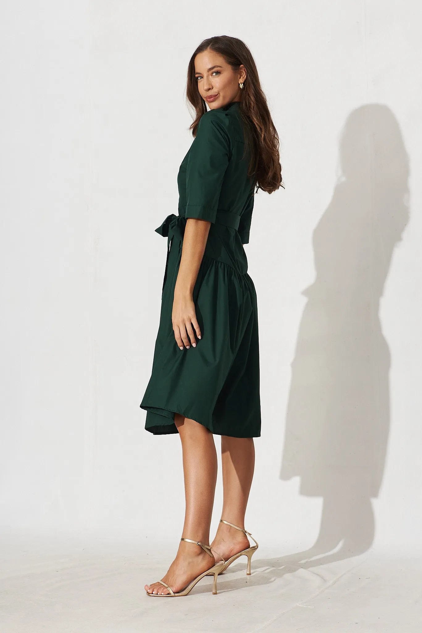 Emerald Cotton Shirt Dress - Marie Midi Style