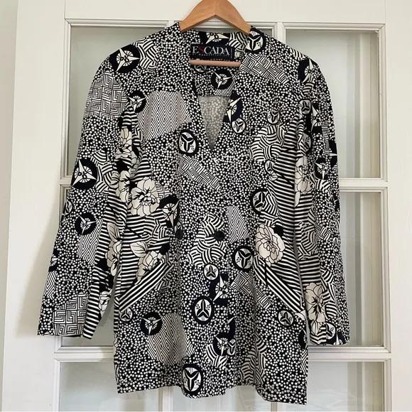 Escada black &amp; white graphic print blazer 100% cotton women's 34 / 4 / small S