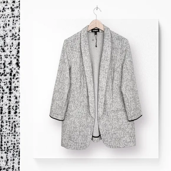 Express Blazer Relaxed Fit Soft Tweed Stretch 3/4 Sleeve 2 Front Pockets Gray