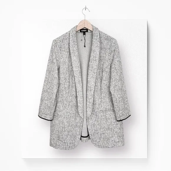 Express Blazer Relaxed Fit Soft Tweed Stretch 3/4 Sleeve 2 Front Pockets Gray