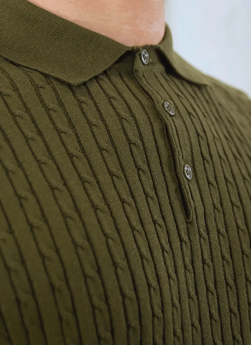 Fine Cable Knit Polo T-Shirt