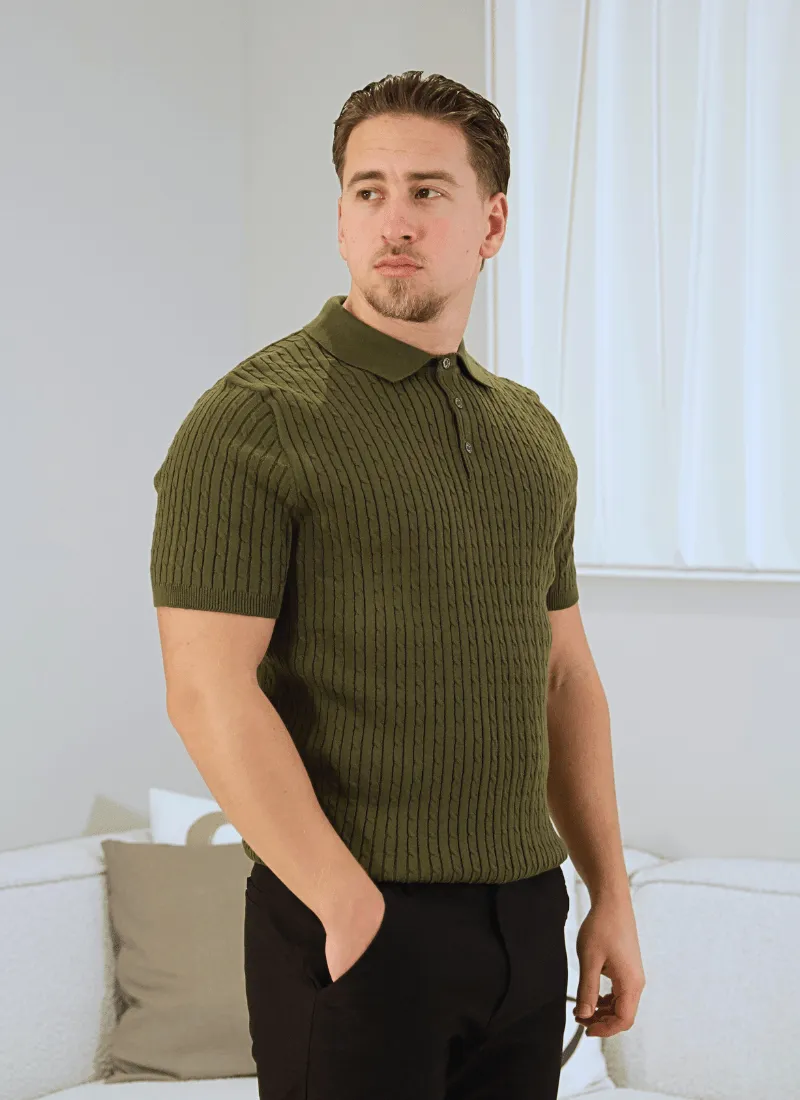 Fine Cable Knit Polo T-Shirt