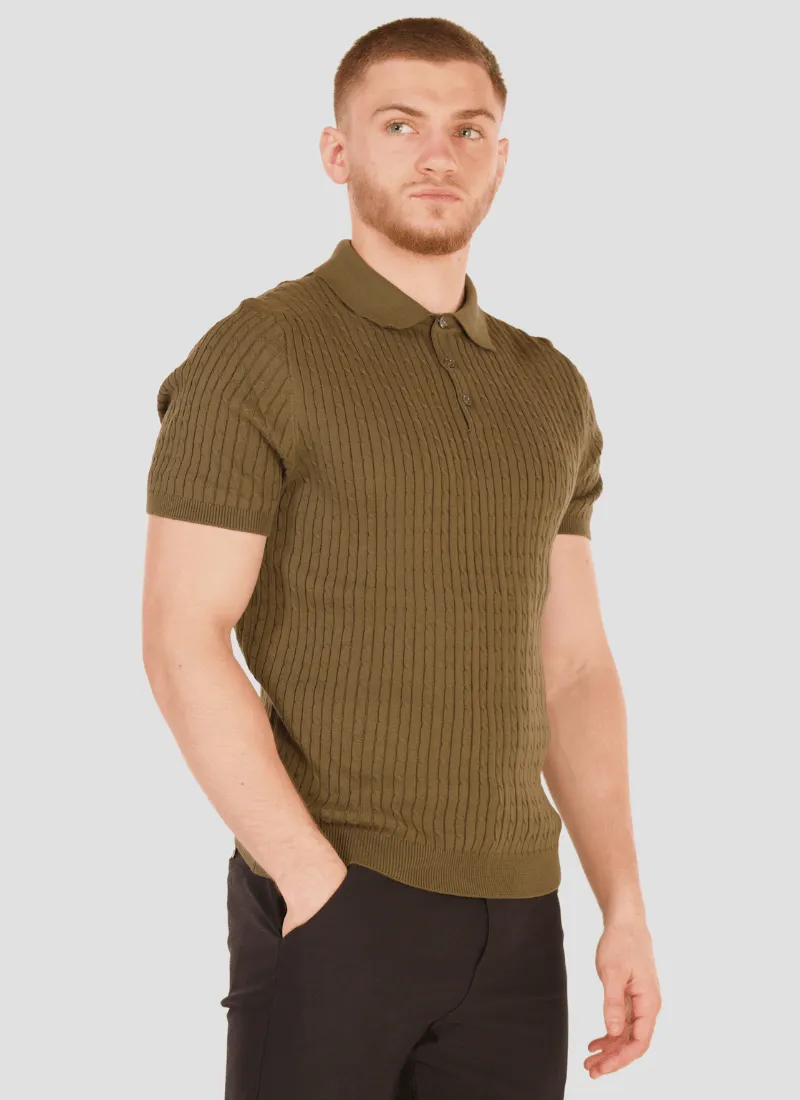 Fine Cable Knit Polo T-Shirt
