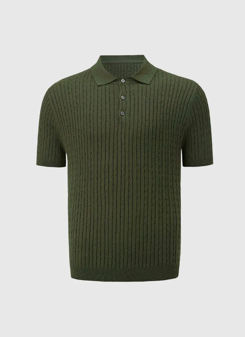 Fine Cable Knit Polo T-Shirt