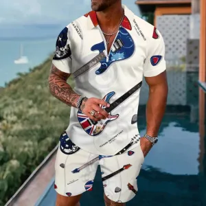 Flag Guitar Pattern Music Polo Short Sleeve Two Piece Set 2404001474