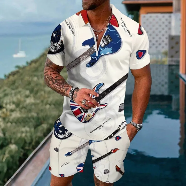 Flag Guitar Pattern Music Polo Short Sleeve Two Piece Set 2404001474