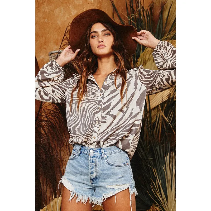 Get Wild Collared Button Down - Zebra Print