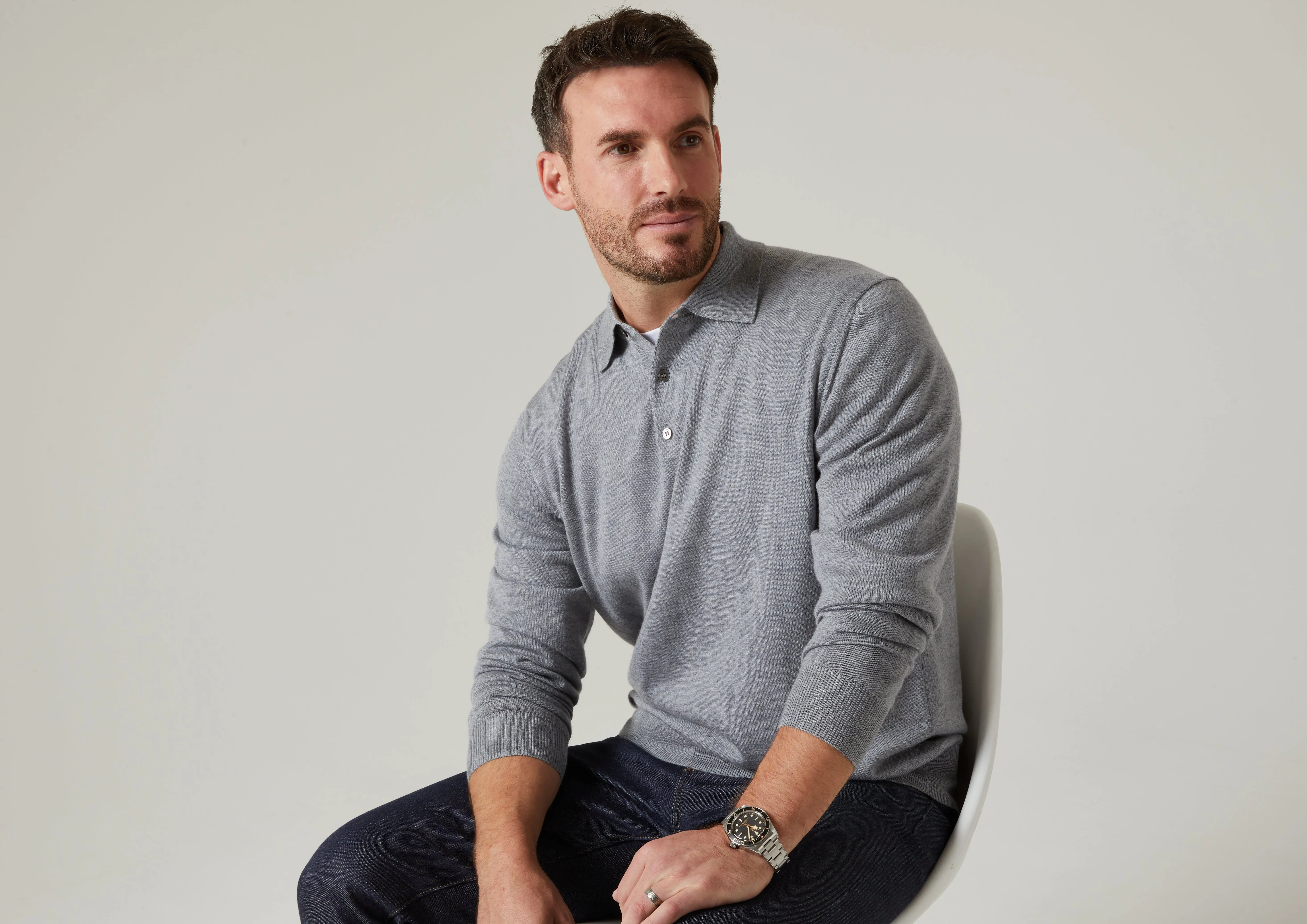 Hindhead Men's Merino Wool Polo Shirt in Light Grey Mix - Regular Fit