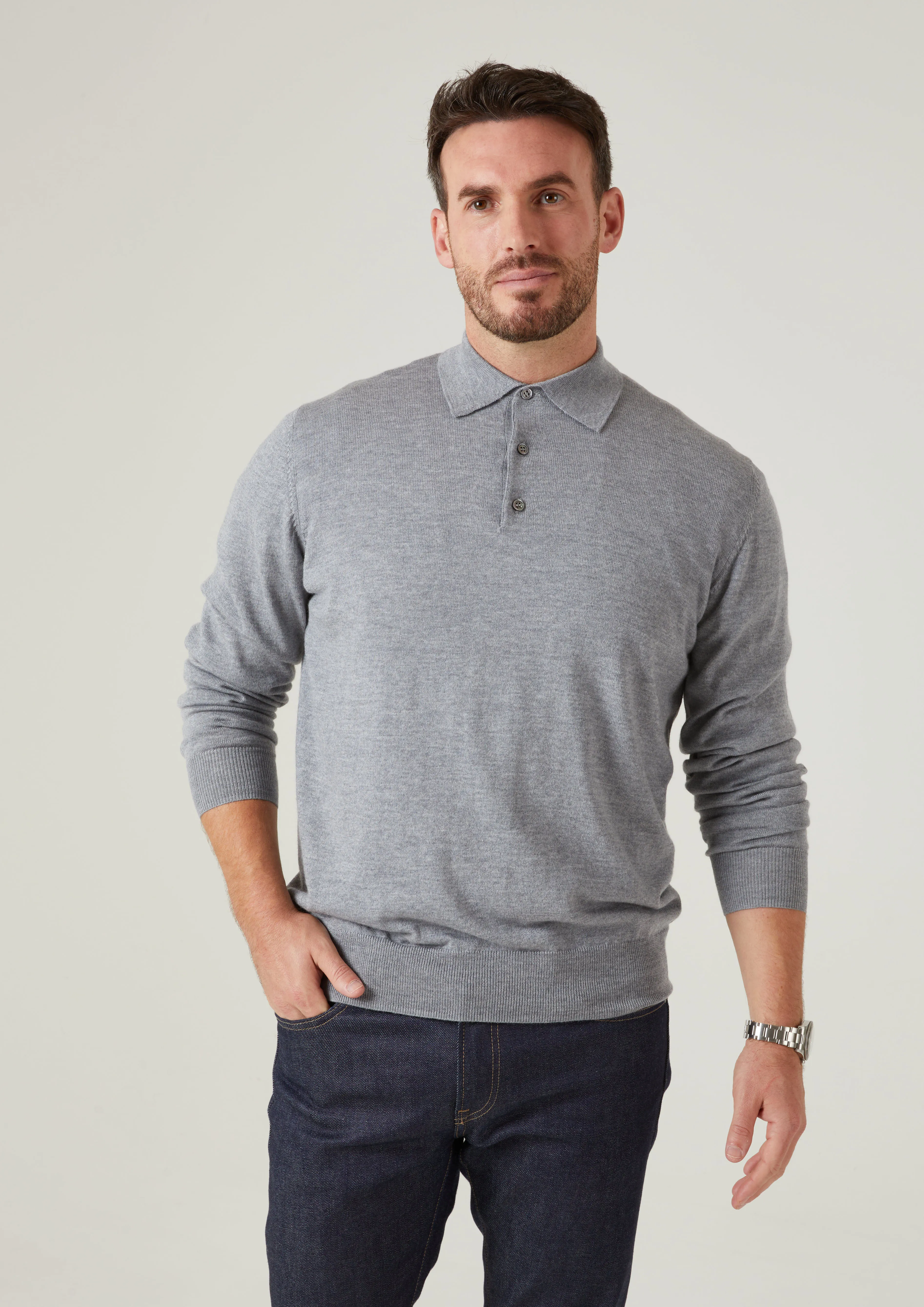Hindhead Men's Merino Wool Polo Shirt in Light Grey Mix - Regular Fit