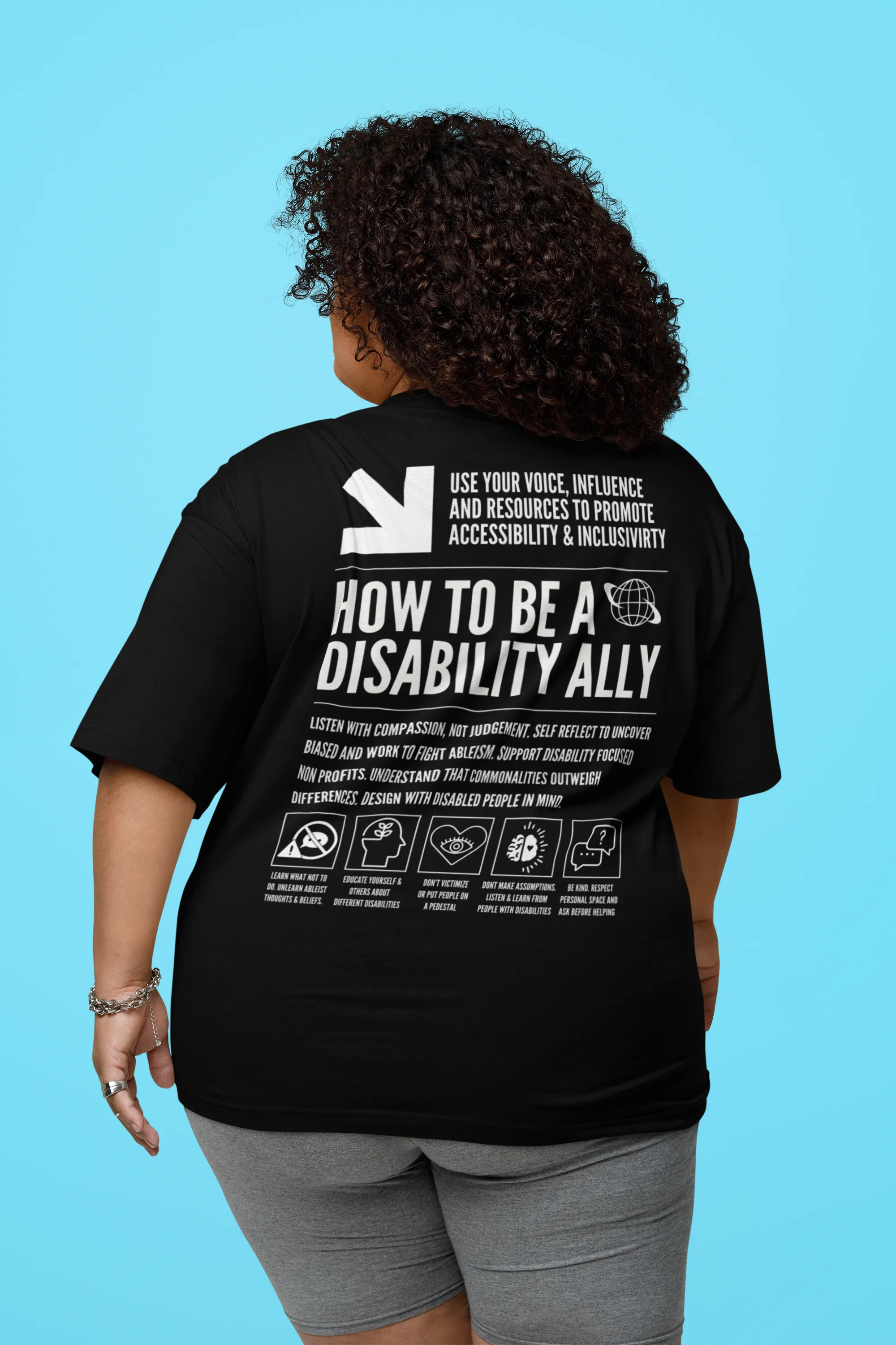 How to be a Disability Ally Graphic Tee Disability Pride Streetwear Style on Black Oversize Deep Drop Shoulder Tee - 190 GSM