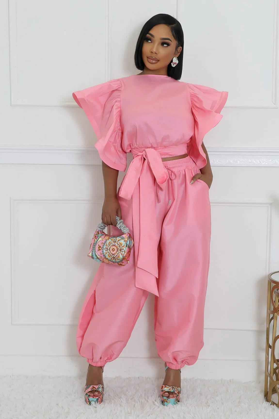 HT1342-HP1341P - Ruffle Top & Baggy Pants Set
