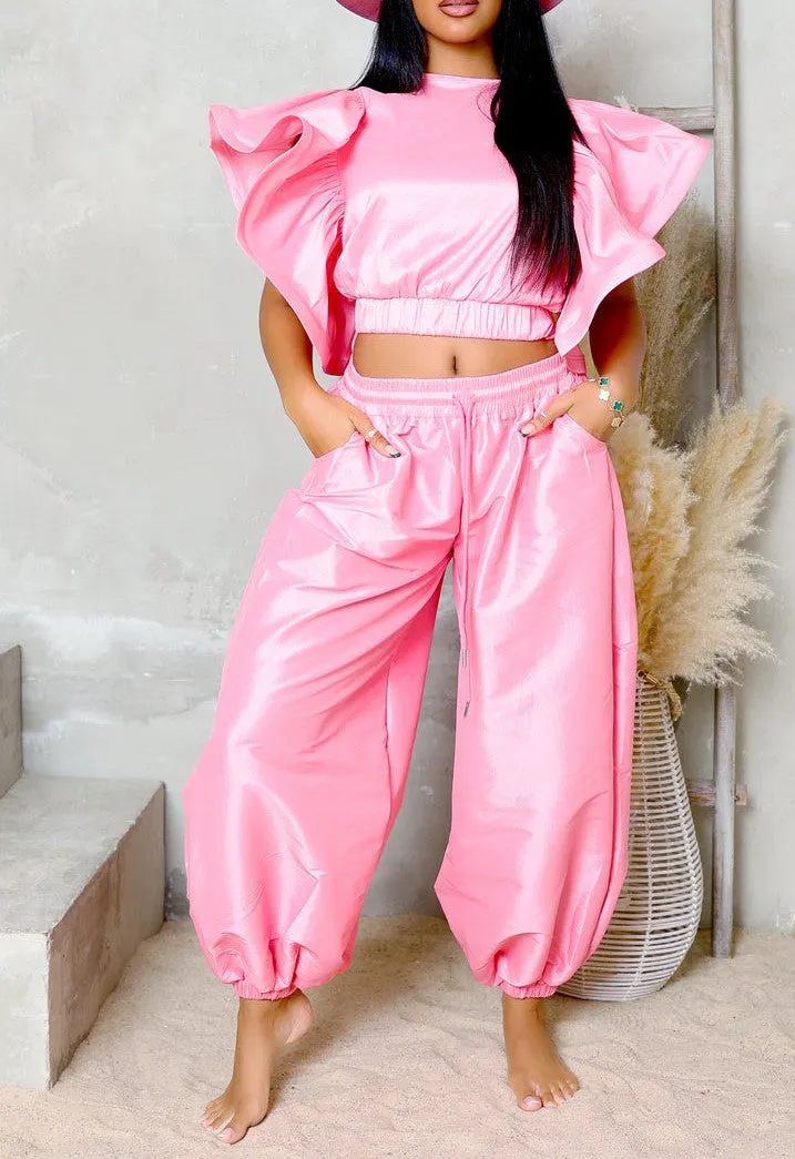 HT1342-HP1341P - Ruffle Top & Baggy Pants Set