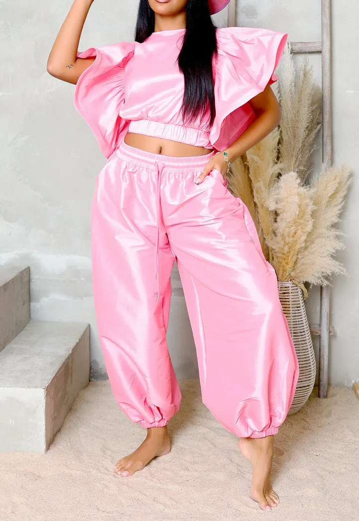 HT1342-HP1341P - Ruffle Top & Baggy Pants Set