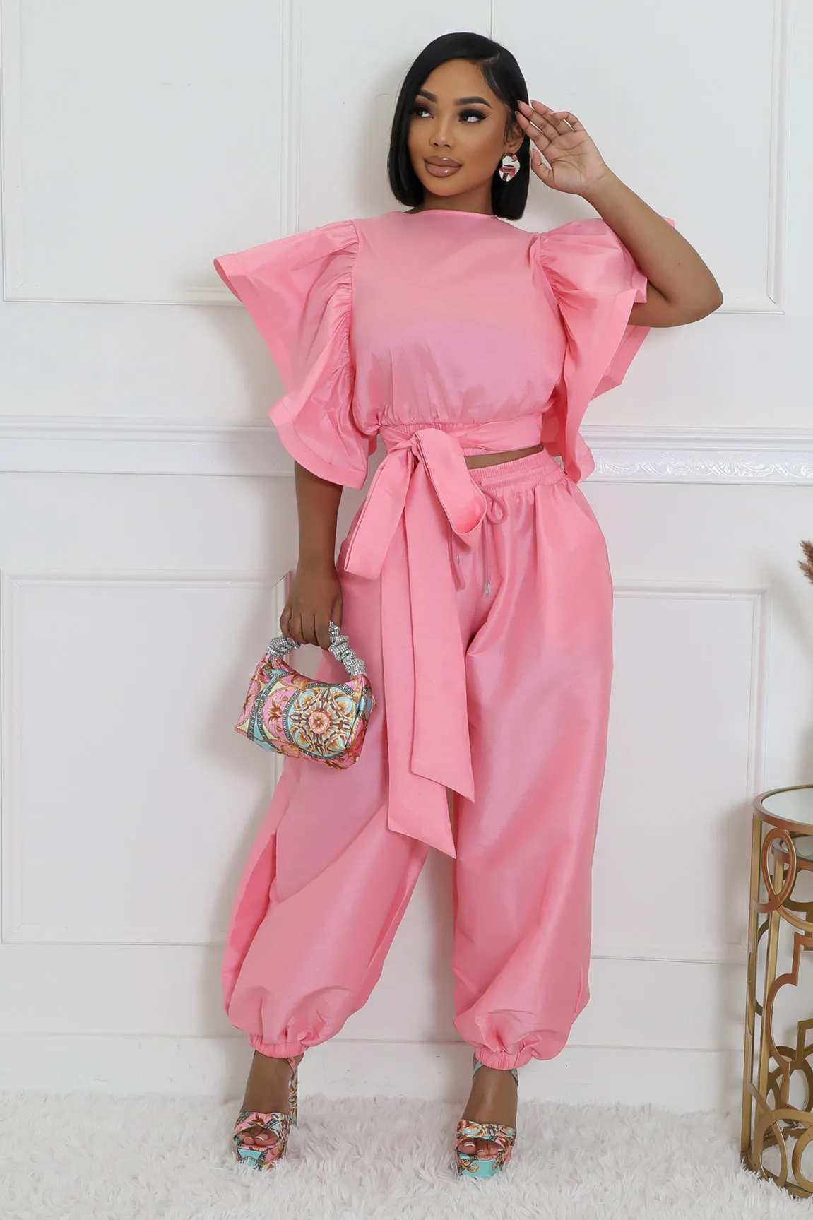 HT1342-HP1341P - Ruffle Top & Baggy Pants Set