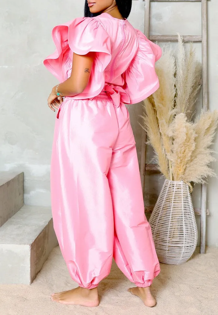 HT1342-HP1341P - Ruffle Top & Baggy Pants Set