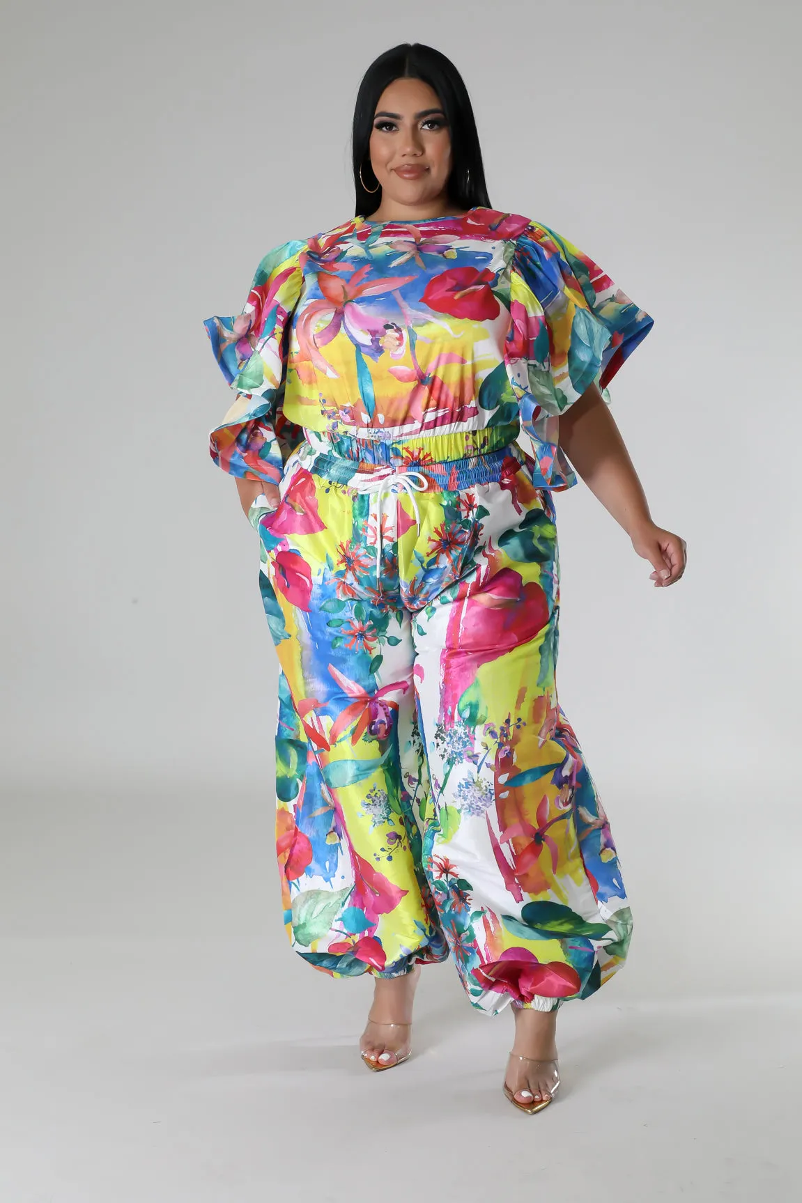 HT1342-HP1341PXP - PRINT RUFFLE TOP & BAGGY PANTS SET (PLUS)