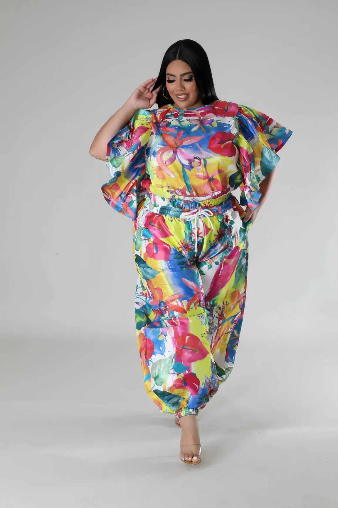 HT1342-HP1341PXP - PRINT RUFFLE TOP & BAGGY PANTS SET (PLUS)