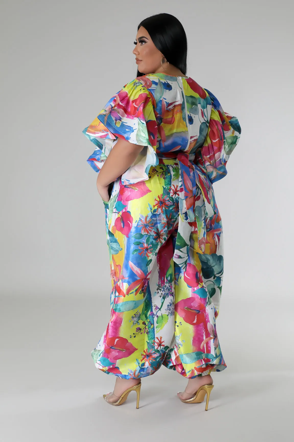 HT1342-HP1341PXP - PRINT RUFFLE TOP & BAGGY PANTS SET (PLUS)