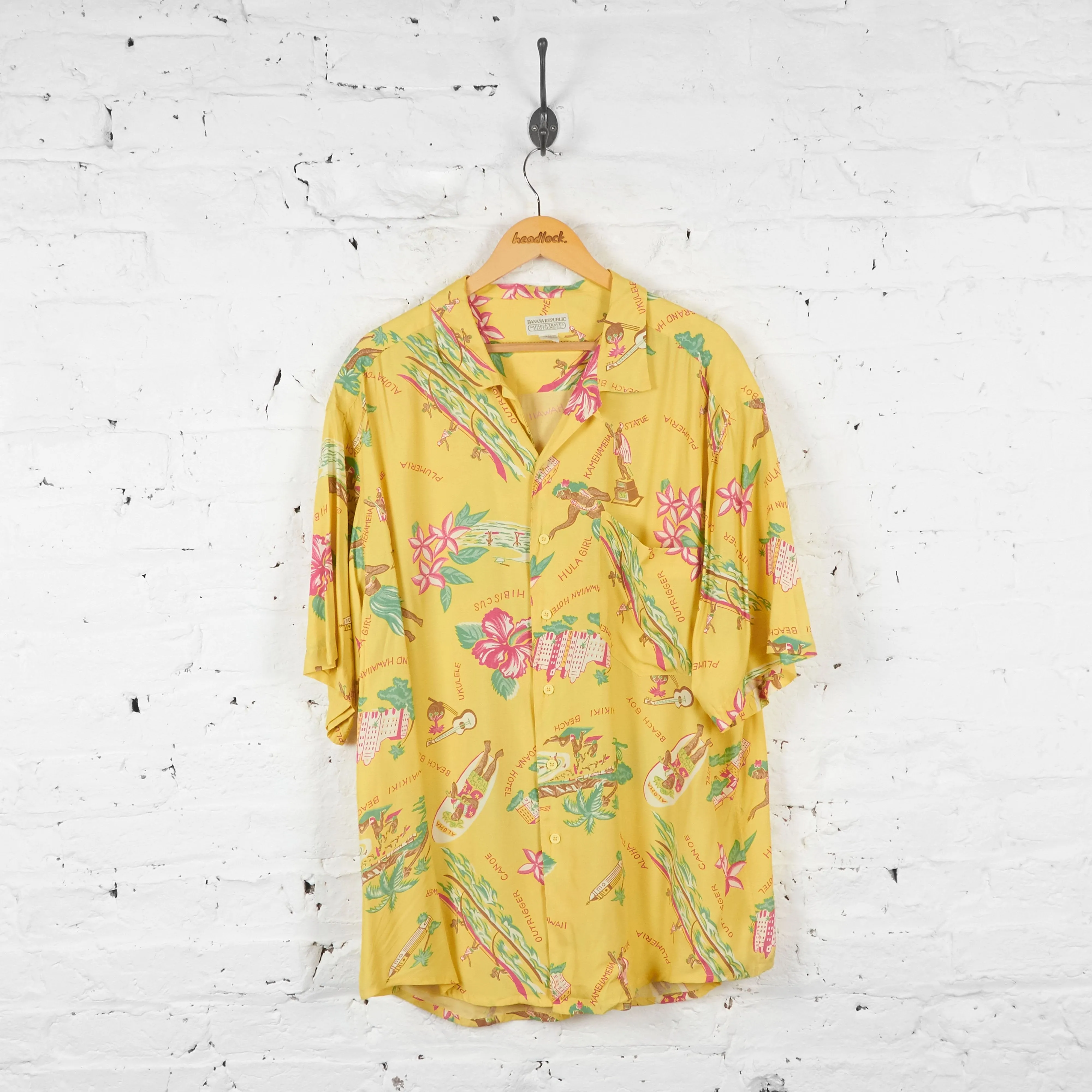 Hula Girl Floral Ukulele Hawaiian Shirt - Yellow - XL