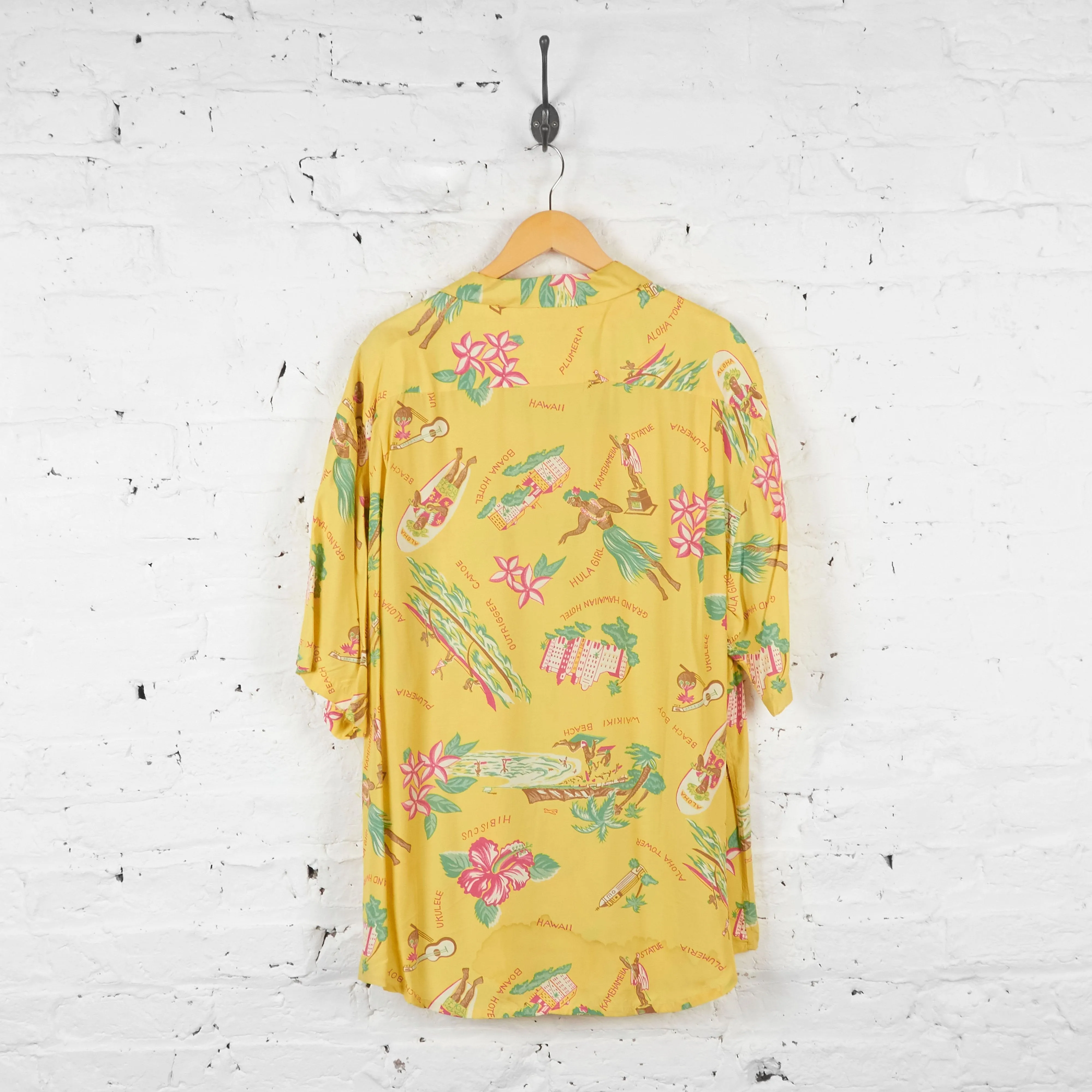 Hula Girl Floral Ukulele Hawaiian Shirt - Yellow - XL