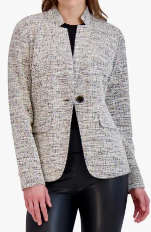 Inverted Collar Knit Tweed One Button Unlined Blazer