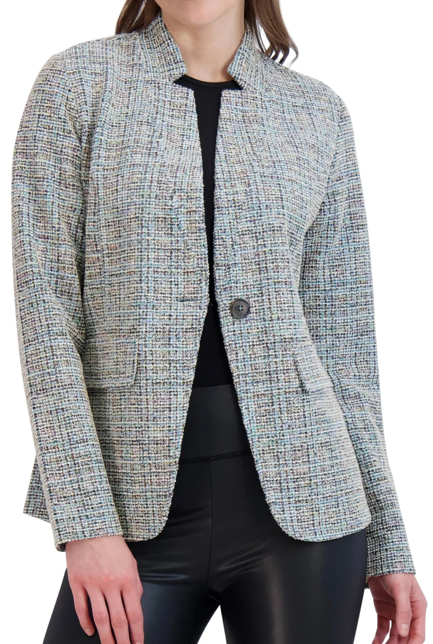 Inverted Collar Knit Tweed One Button Unlined Blazer