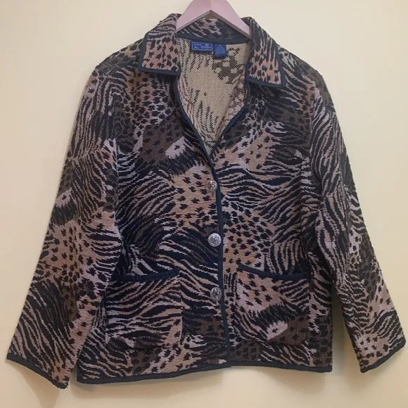 Jane Ashley Mixed Animal Print Woven Tapestry Button Unlined Blazer Coat L