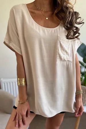 Jet Stream Sequin Chest Pocket Cuff Loose T Shirt