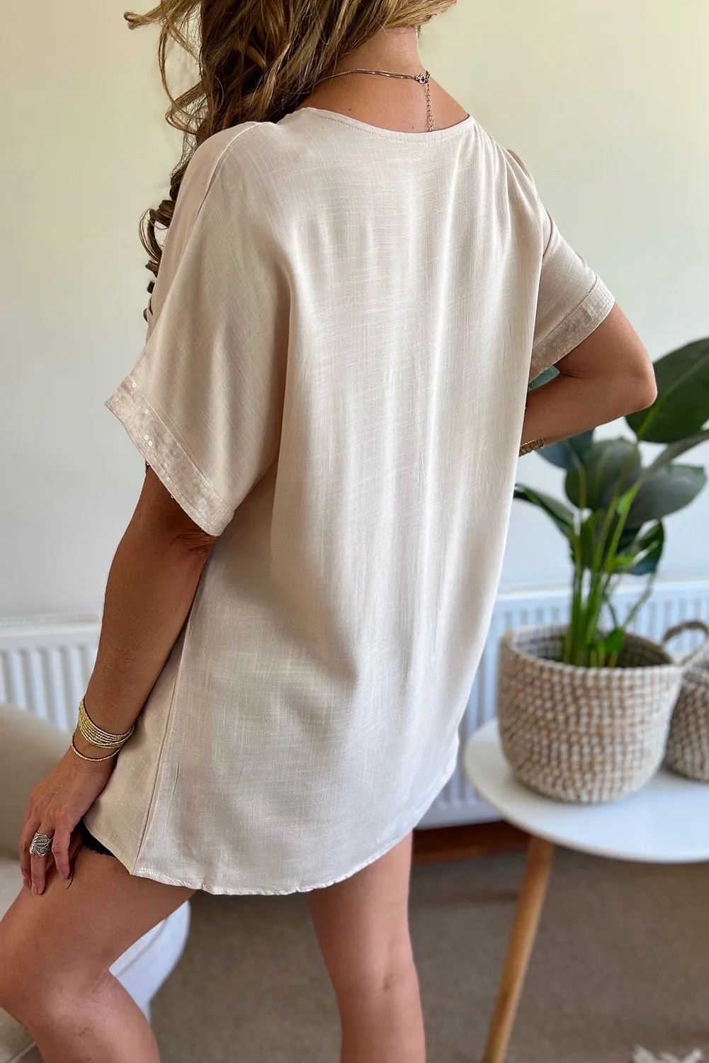 Jet Stream Sequin Chest Pocket Cuff Loose T Shirt