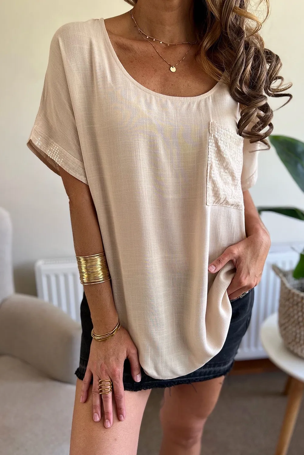 Jet Stream Sequin Chest Pocket Cuff Loose T Shirt