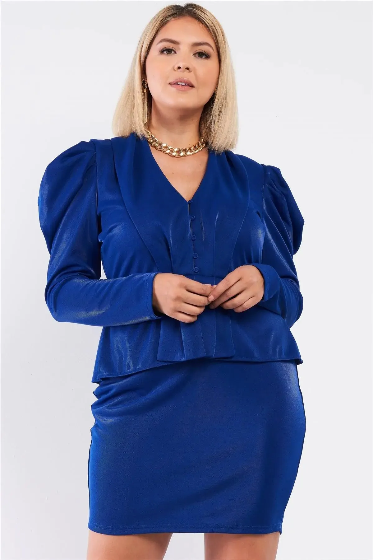 Junior Plus Royal Blue Long Sleeve Victorian Steampunk Inspired V-Neck Button Front Pleated Detail Mock Blazer Fitted Dress /1-1-1
