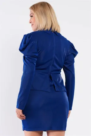 Junior Plus Royal Blue Long Sleeve Victorian Steampunk Inspired V-Neck Button Front Pleated Detail Mock Blazer Fitted Dress /1-1-1