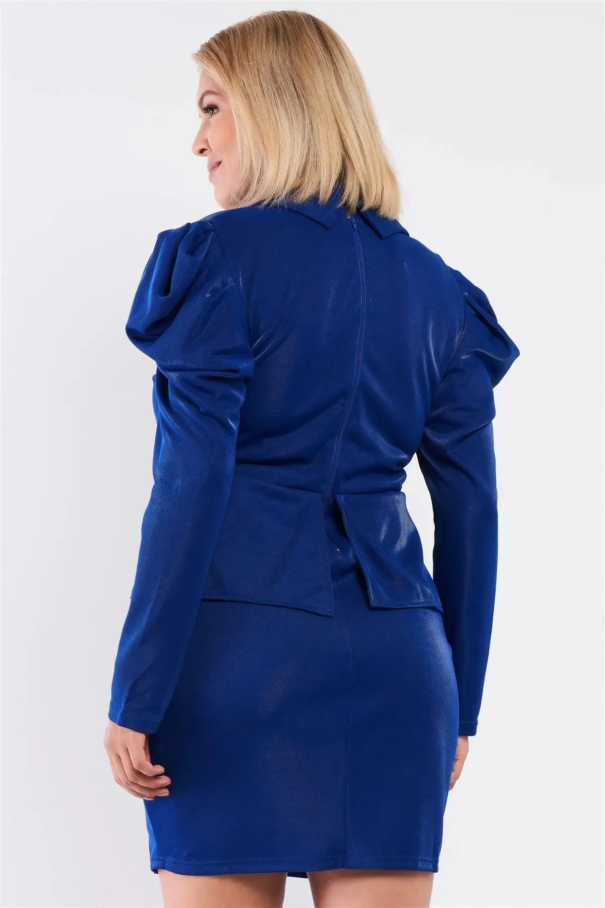 Junior Plus Royal Blue Long Sleeve Victorian Steampunk Inspired V-Neck Button Front Pleated Detail Mock Blazer Fitted Dress /1-1-1
