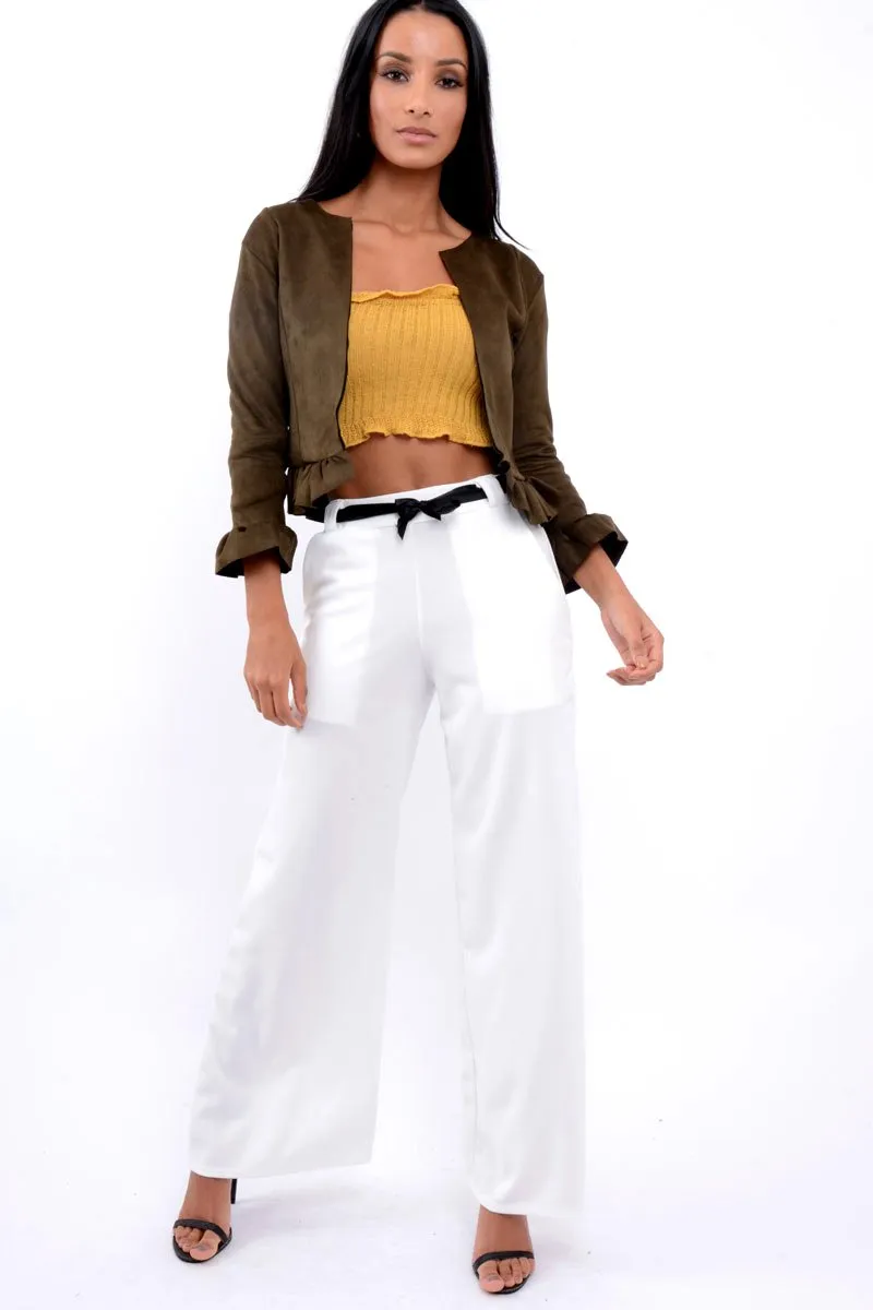 Khaki Suedette Frill Hems Jacket - Elsa