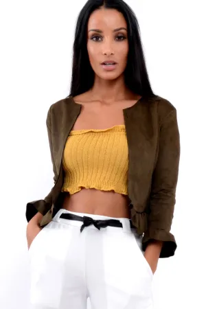 Khaki Suedette Frill Hems Jacket - Elsa