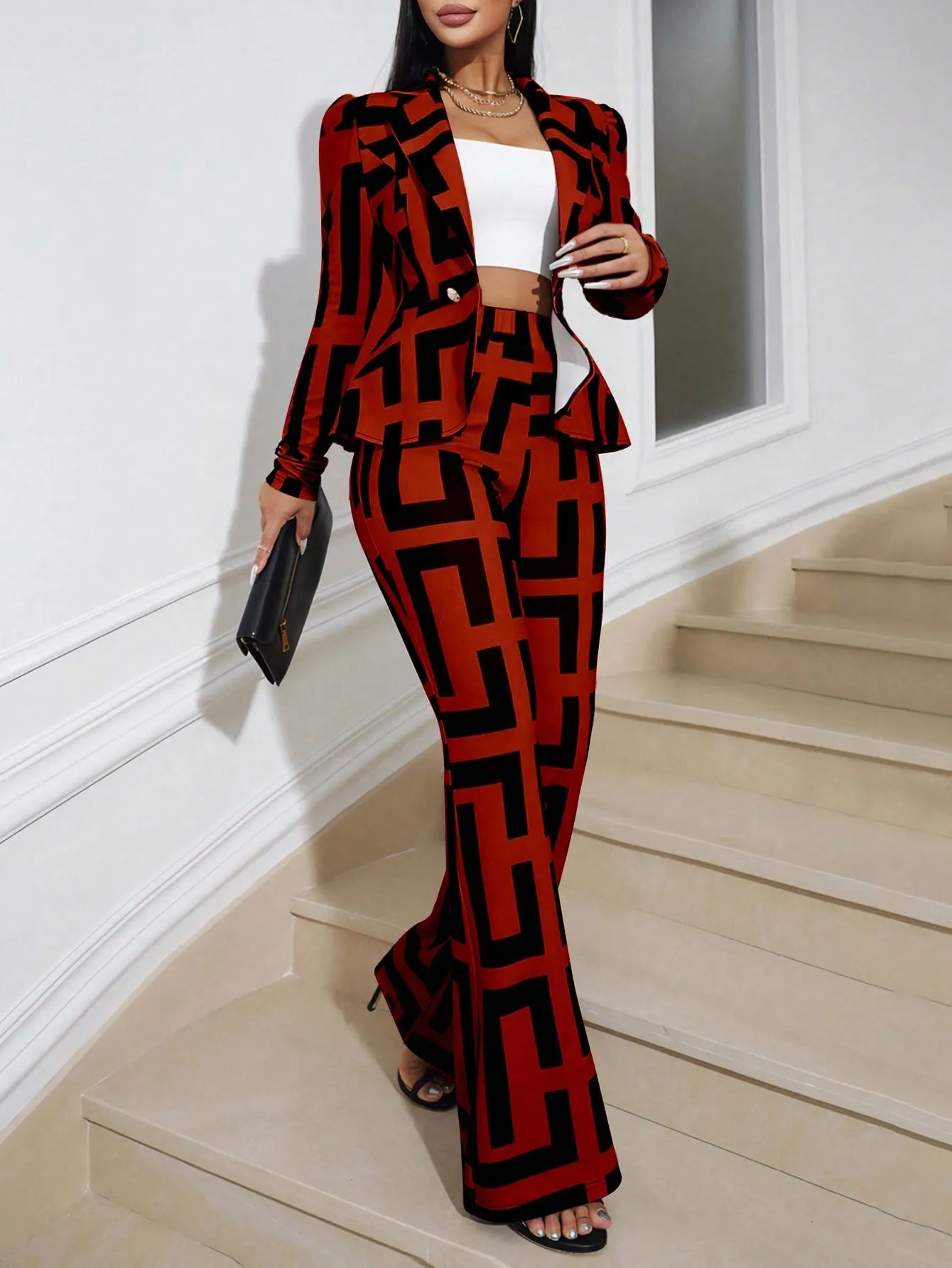Lady Women's Geometric Print Puff Long Sleeve Blazer And Pants Set