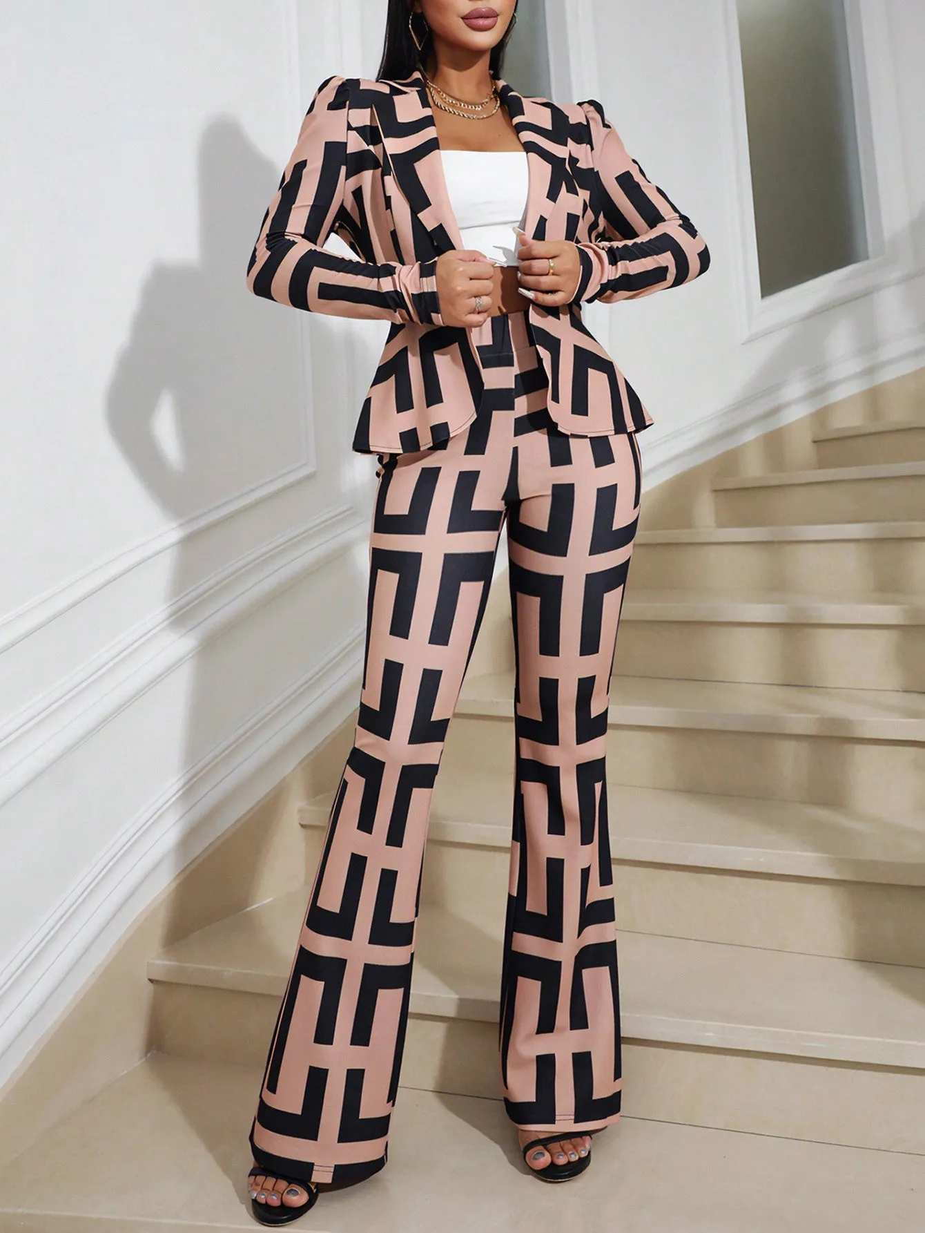 Lady Women's Geometric Print Puff Long Sleeve Blazer And Pants Set