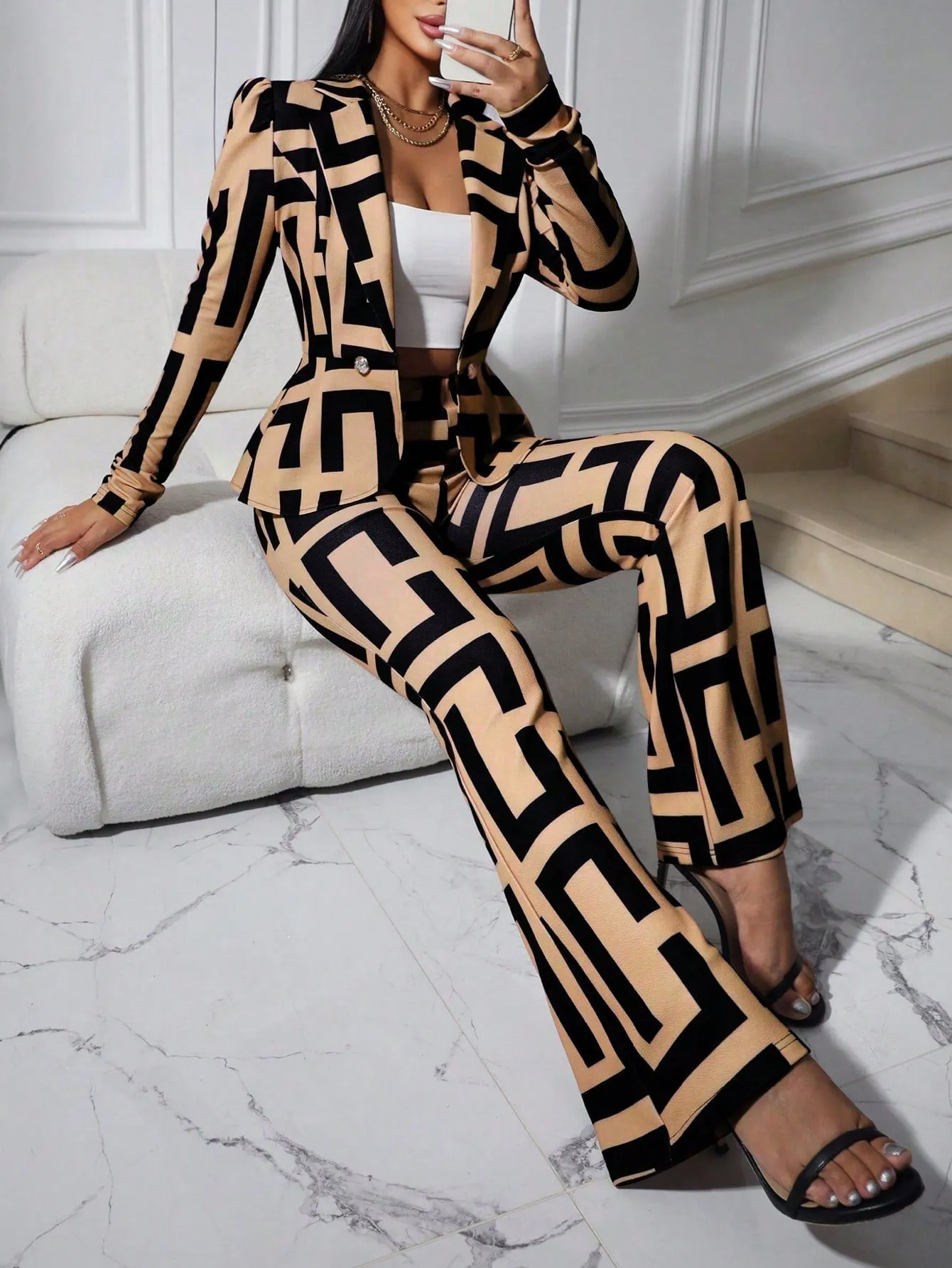 Lady Women's Geometric Print Puff Long Sleeve Blazer And Pants Set