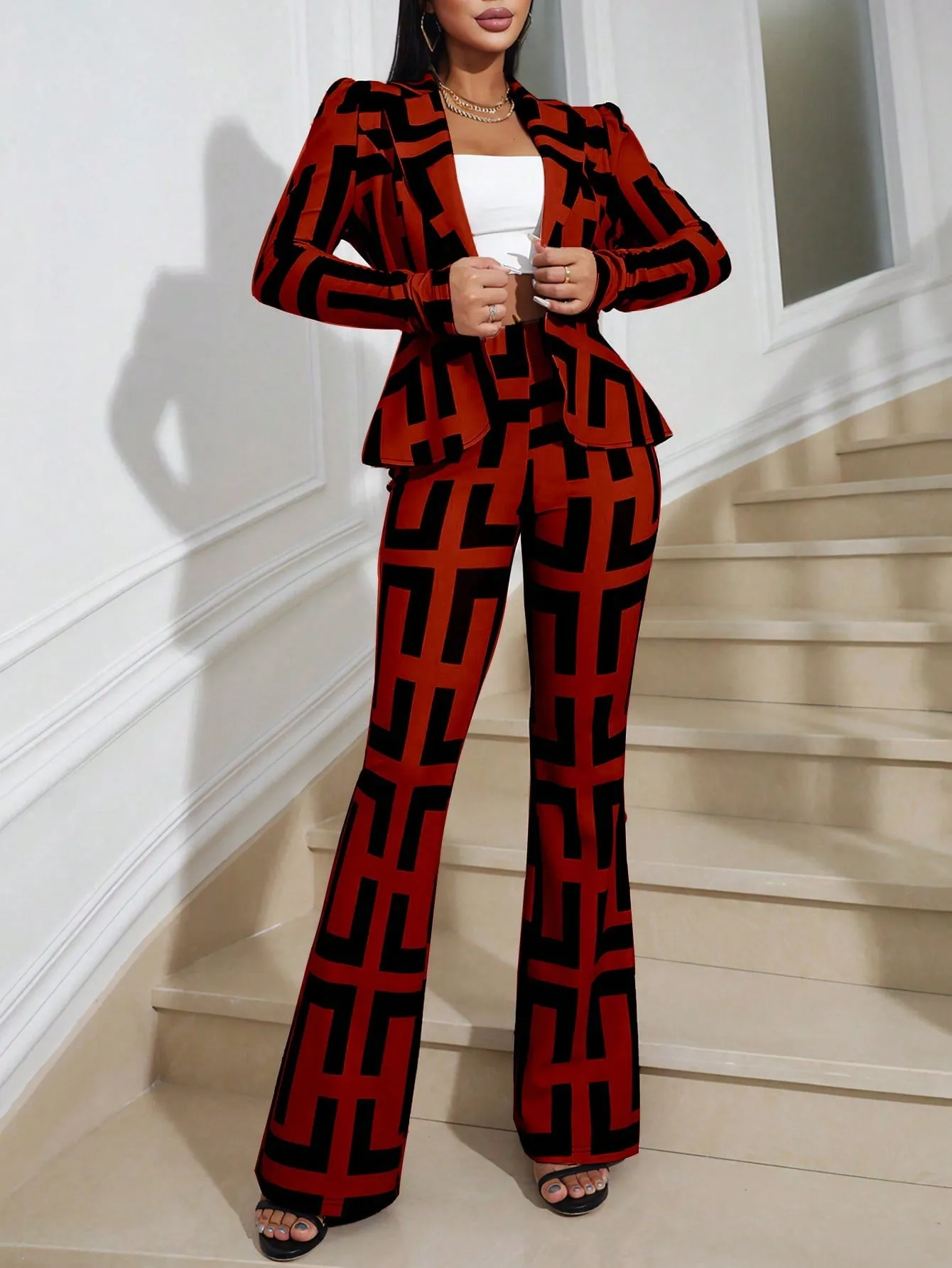 Lady Women's Geometric Print Puff Long Sleeve Blazer And Pants Set