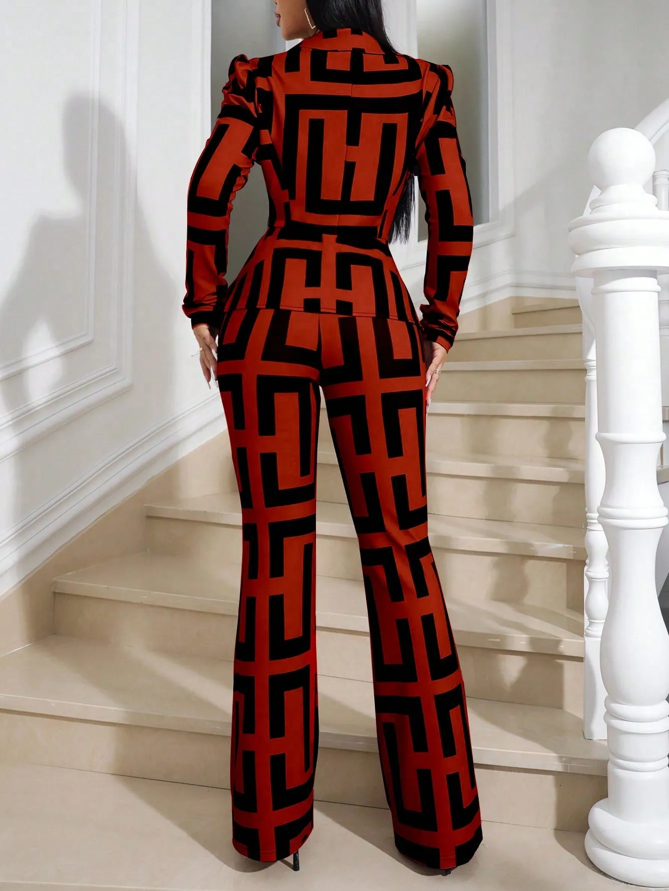 Lady Women's Geometric Print Puff Long Sleeve Blazer And Pants Set